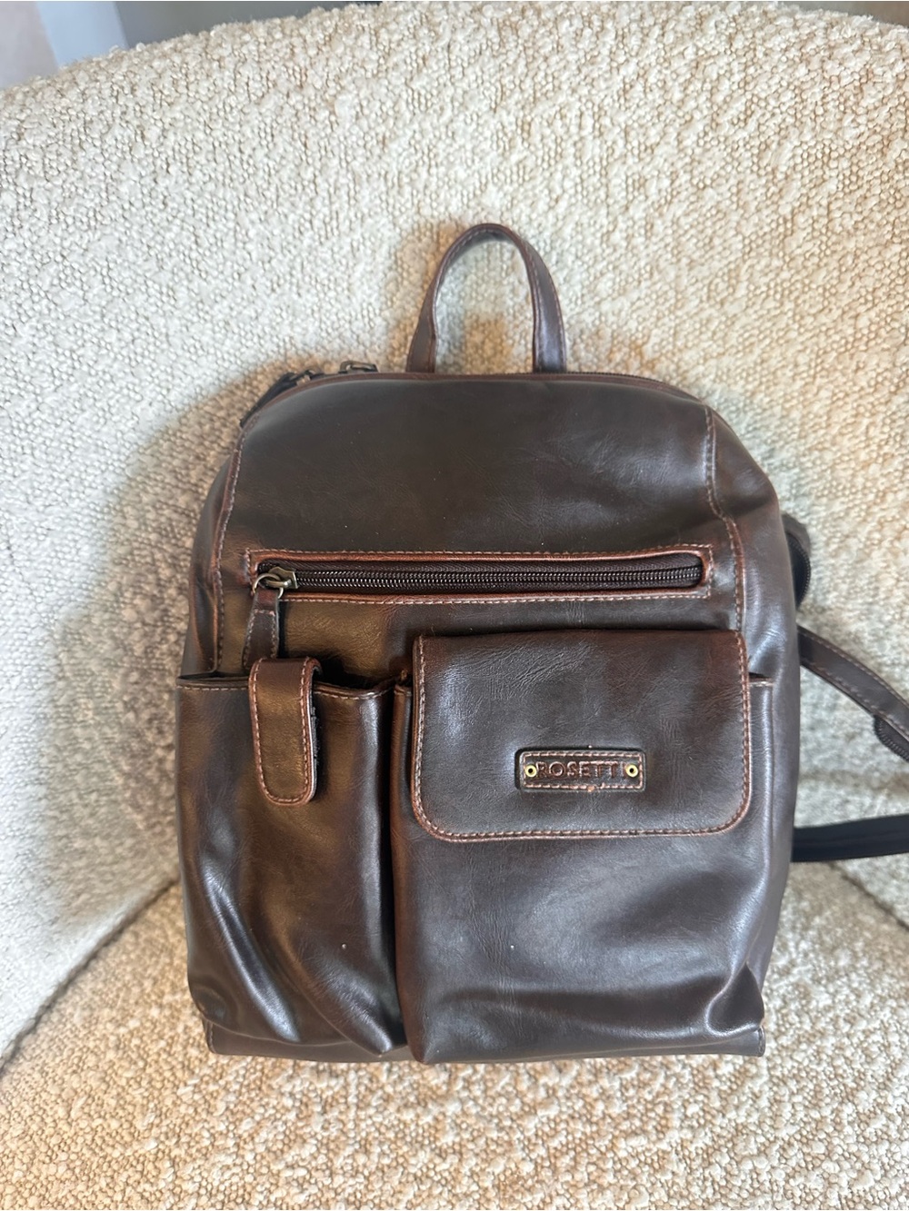 Rosetti Backpack Purse Brown Faux Leather Sling Or Regular Backpack Zip Up Strap
